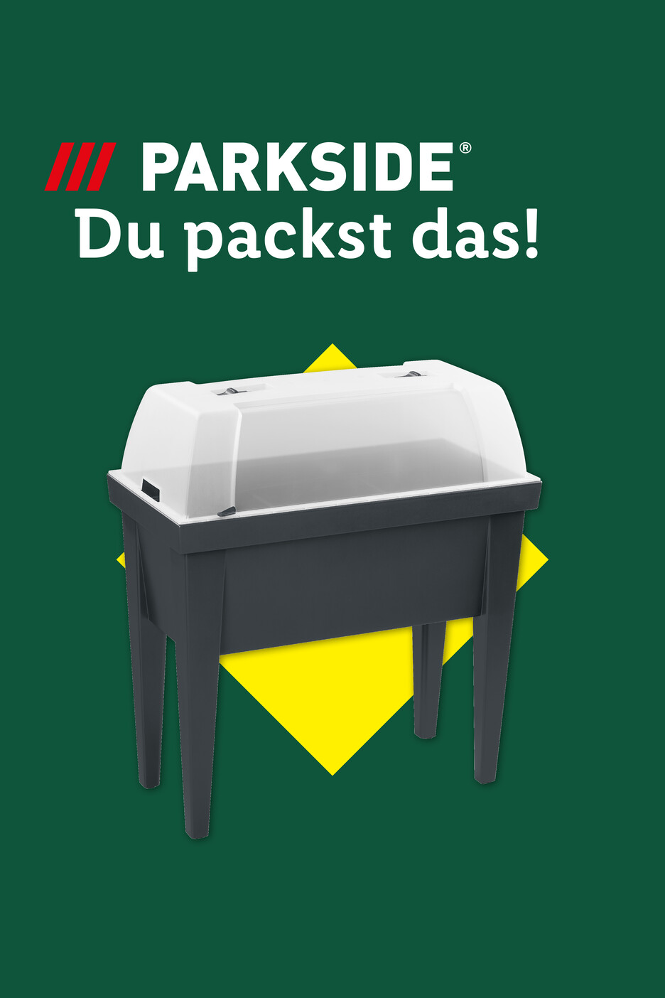 Dunkelgraues Hochbeet mit transparentem Deckel auf grünem Hintergrund mit gelben Akzenten.