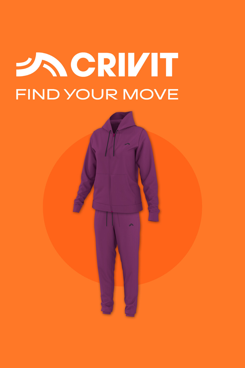 Crivit lila Trainingsanzug mit Kapuzenjacke und Hose auf orangefarbenem Hintergrund
