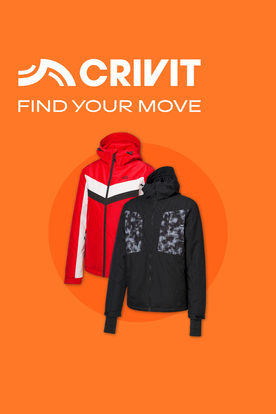 Crivit Logo mit Slogan „FIND YOUR MOVE“ und zwei Winterjacken in Rot und Schwarz.
