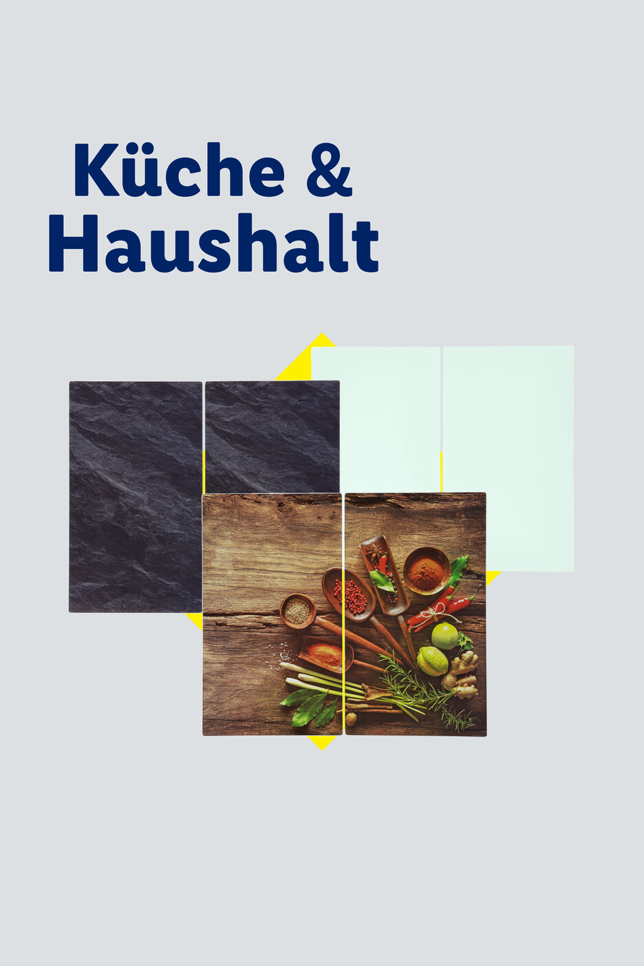 Text 'Küche & Haushalt' über Bildern von Küchenutensilien, Gewürzen und Schieferplatten.