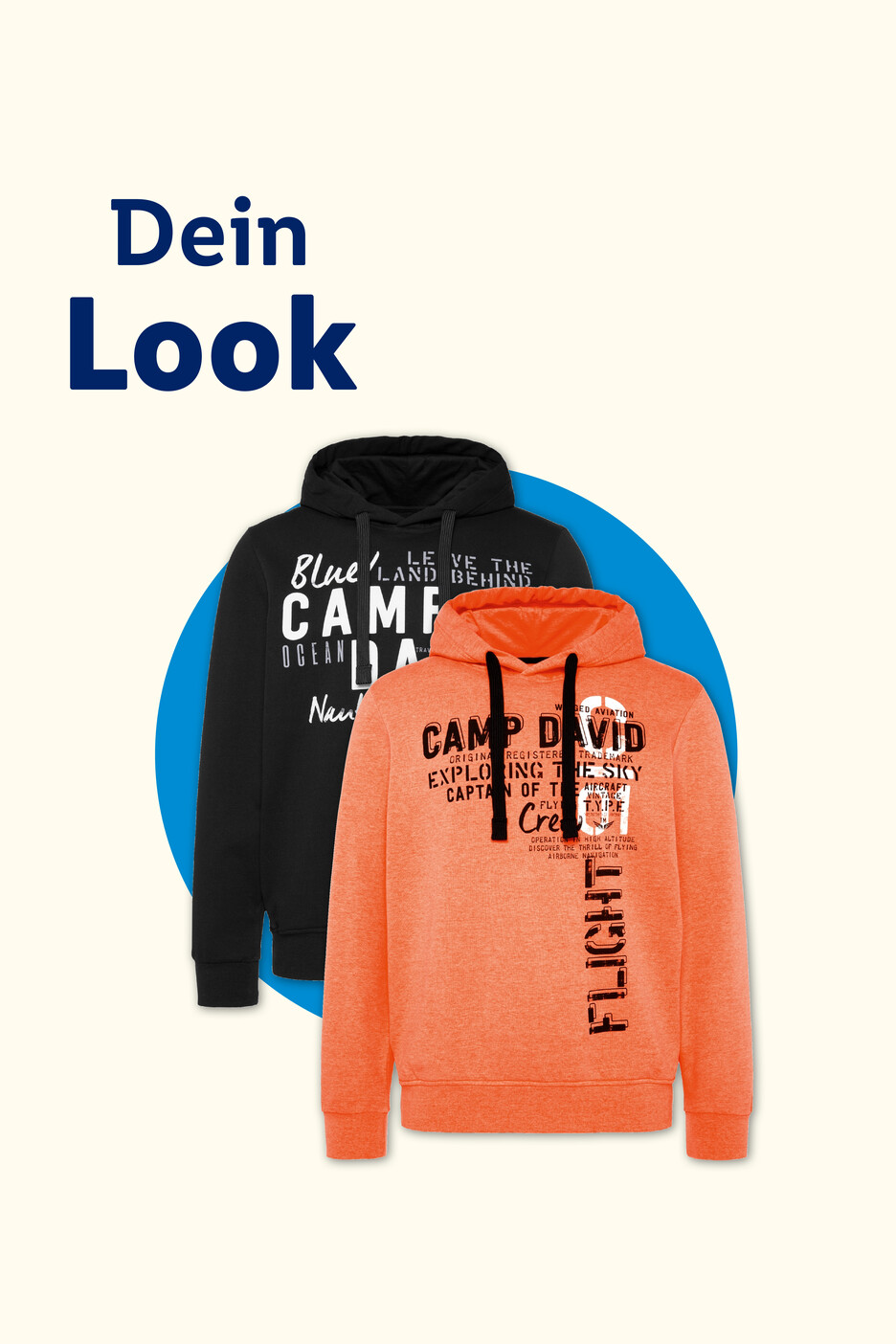Zwei Camp David Hoodies: ein schwarzer mit blauem Aufdruck und ein oranger mit schwarzem Aufdruck.