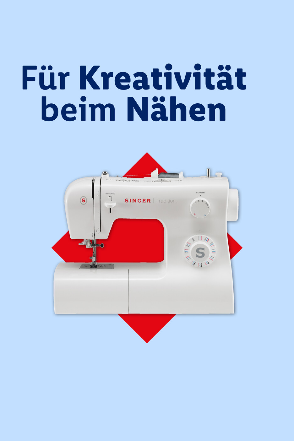 Weiße Nähmaschine auf rotem Hintergrund mit dem Text 'Für Kreativität beim Nähen'.