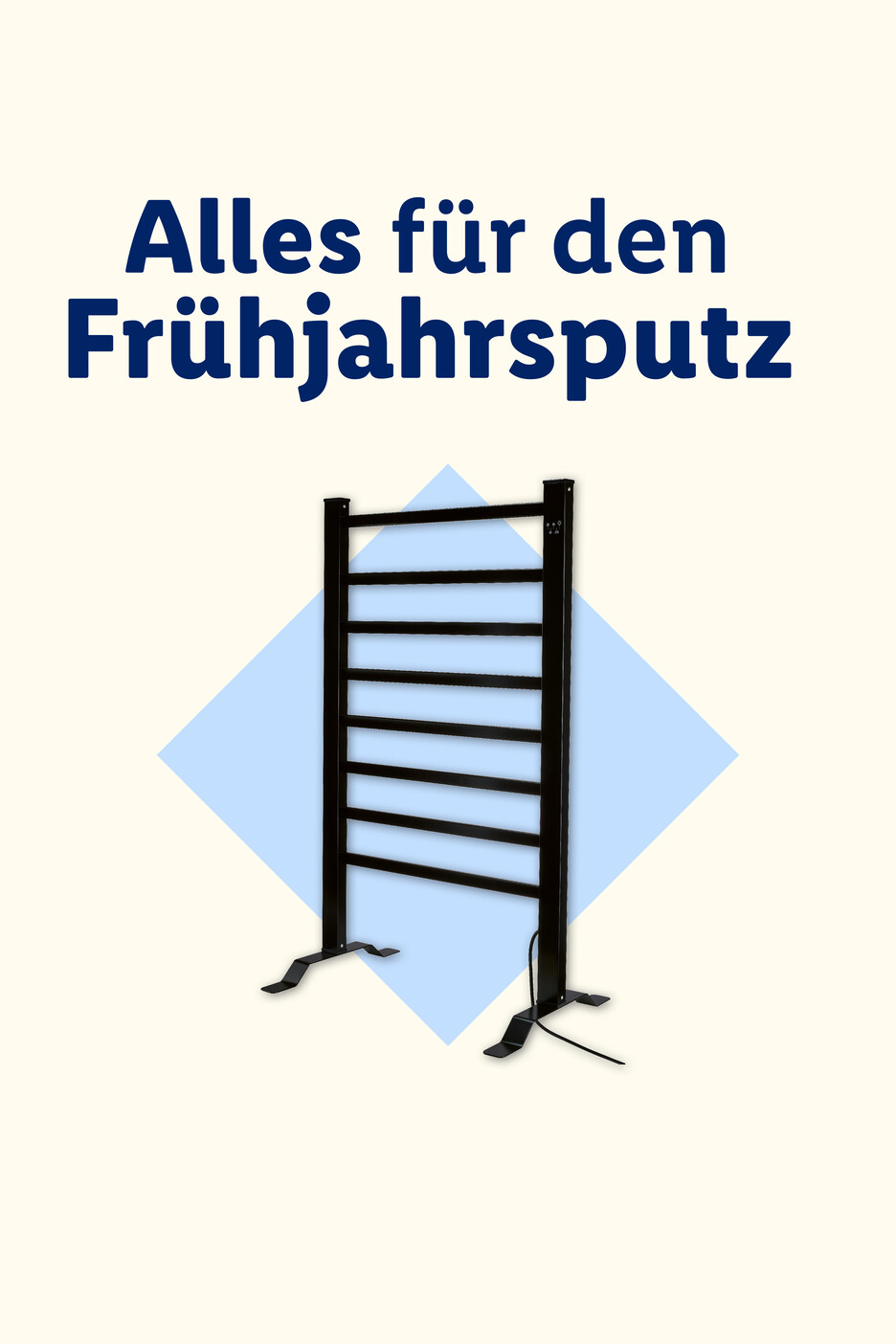 Alles für den Frühjahrsputz: Schwarzer Handtuchwärmer vor blauem Rautenmuster.