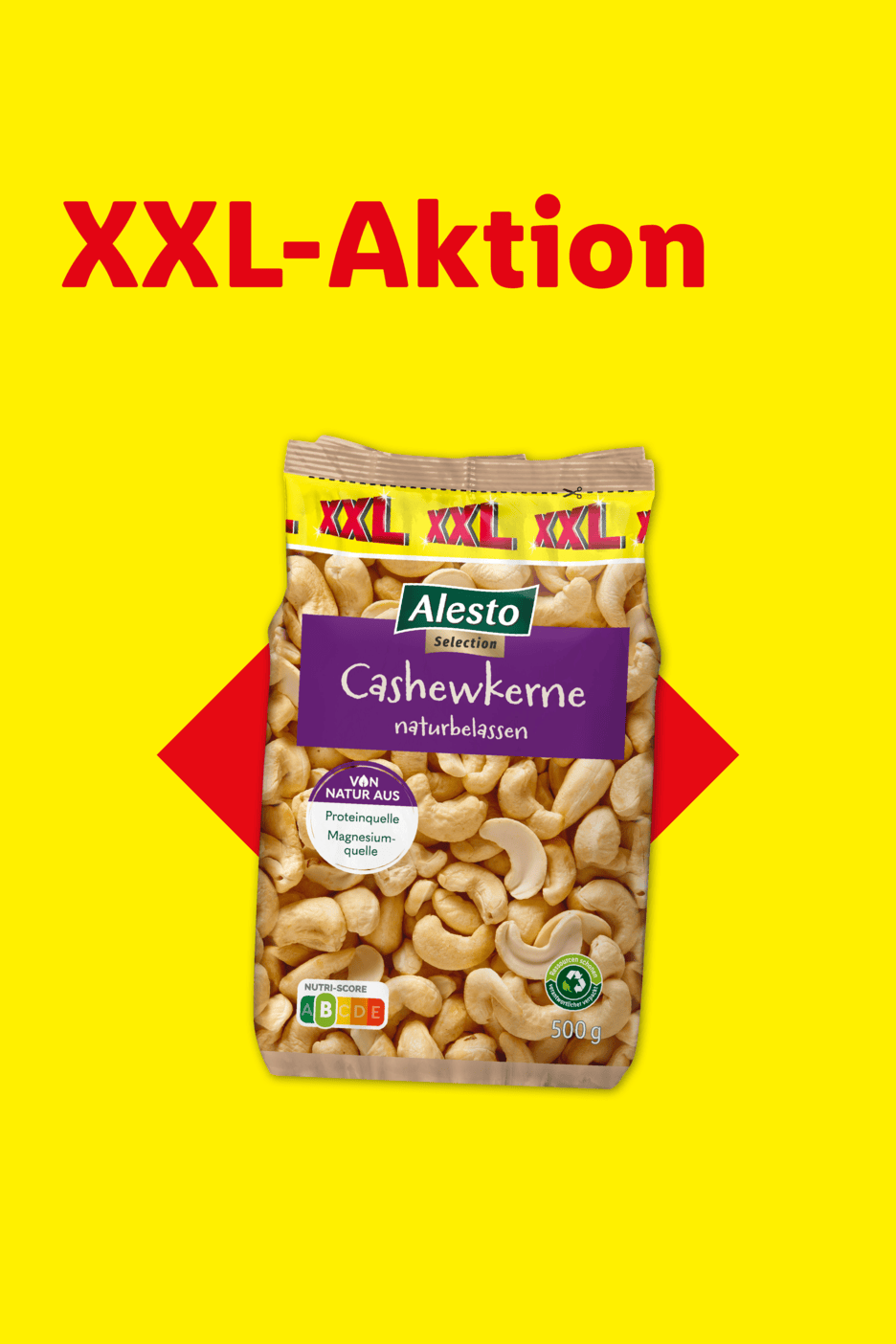 XXL-Aktion für Cashewkerne in einer 500g Packung, natur belassen und reich an Proteinen.