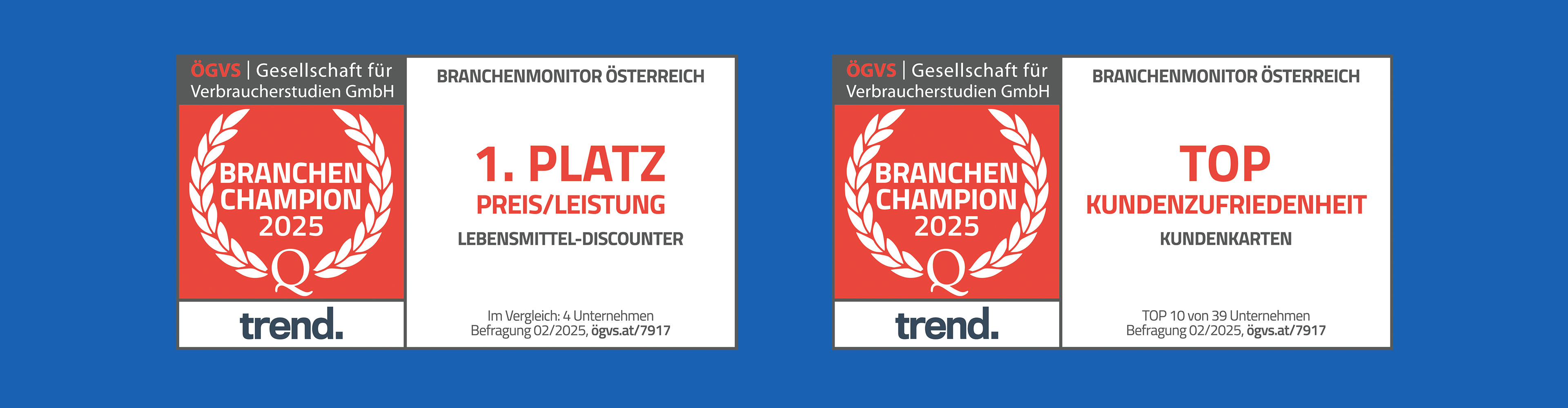 Trend-Awards: 1. Platz Preis/Leistung und Top 10 Kundenzufriedenheit für Lebensmittel-Discounter.