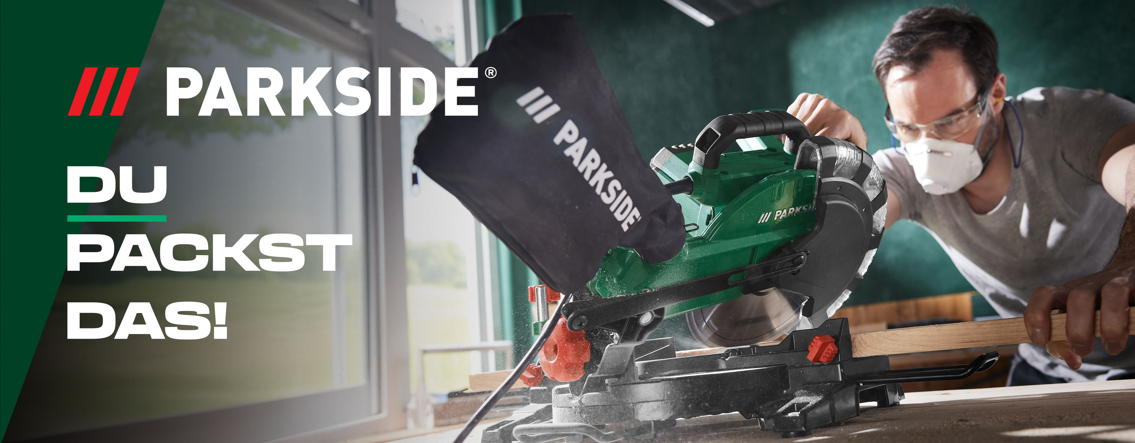 "PARKSIDE® - Du packst das!" Logo und im Hintergrund Parkside Imagebild.