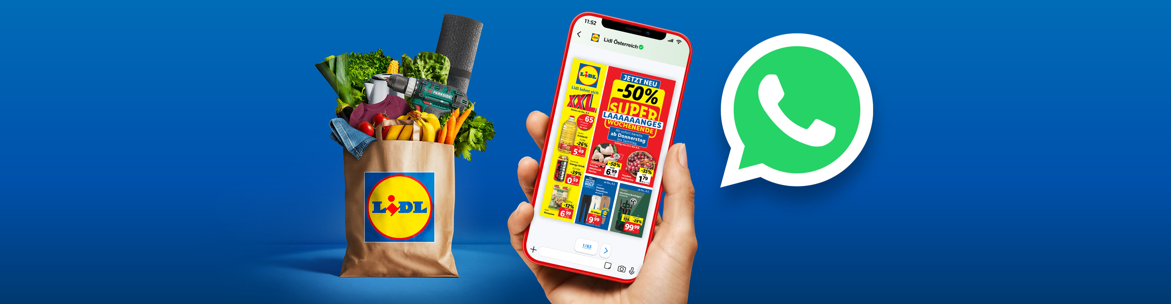 In der Mitte ist ein Handyscreen mit dem Lidl Flugblatt rechts daneben das WhatsApp Logo und links daneben eine volle Einkaufstasche von Lidl. 