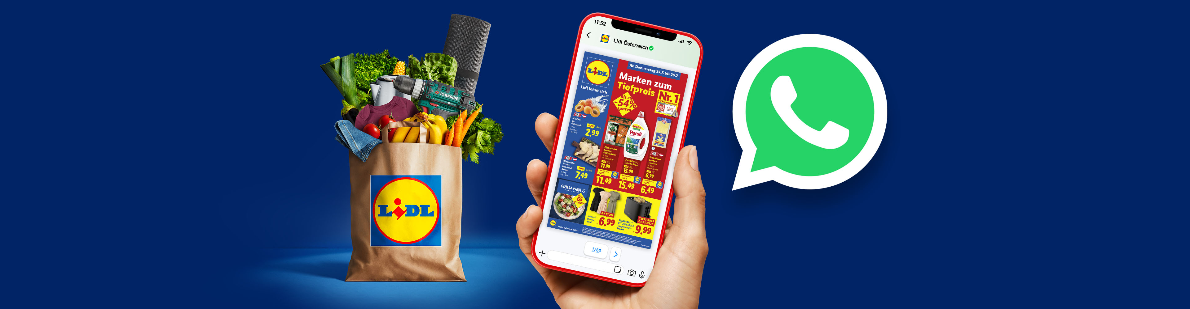 Lidl-Wocheneinkauf im Papierbeutel, auf dem Smartphone die Lidl-App mit WhatsApp-Symbol.
