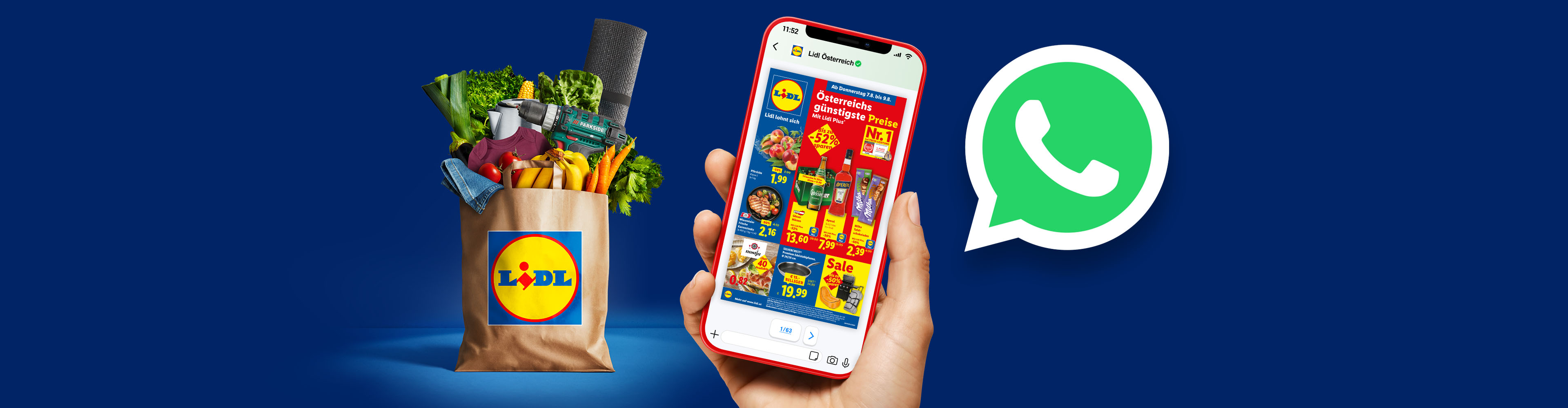 Lidl-Wocheneinkauf mit Werkzeug und Lebensmitteln, auf dem Smartphone angezeigt und über WhatsApp geteilt.