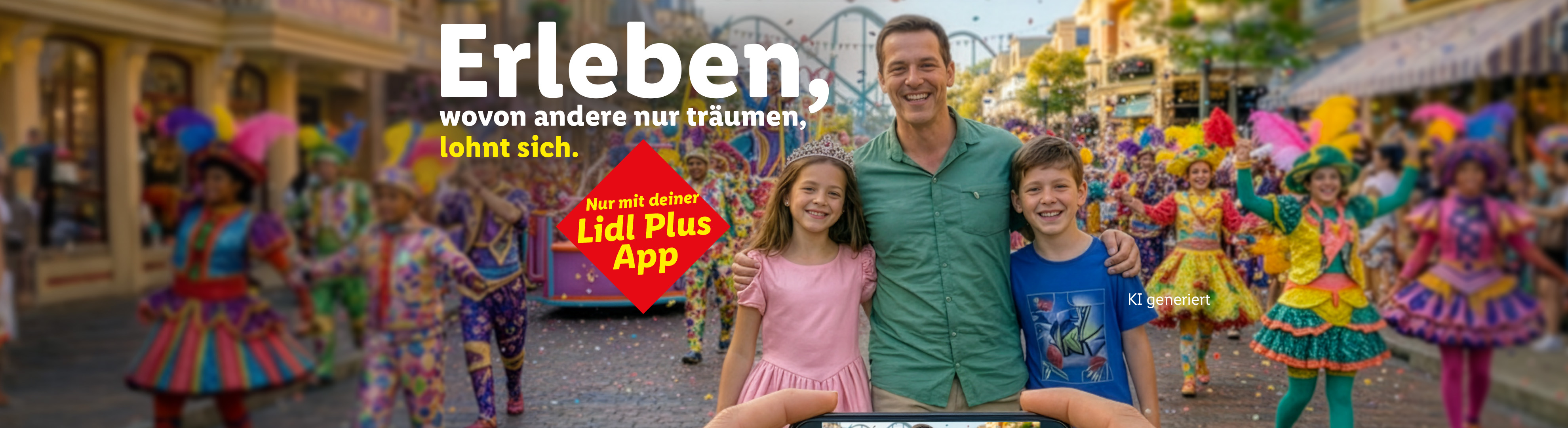 Ein Mann mit zwei Kindern lächelt in die Kamera, während im Hintergrund eine bunte Parade stattfindet. Text: 'Erleben, wovon andere nur träumen, lohnt sich. Nur mit deiner Plus App'