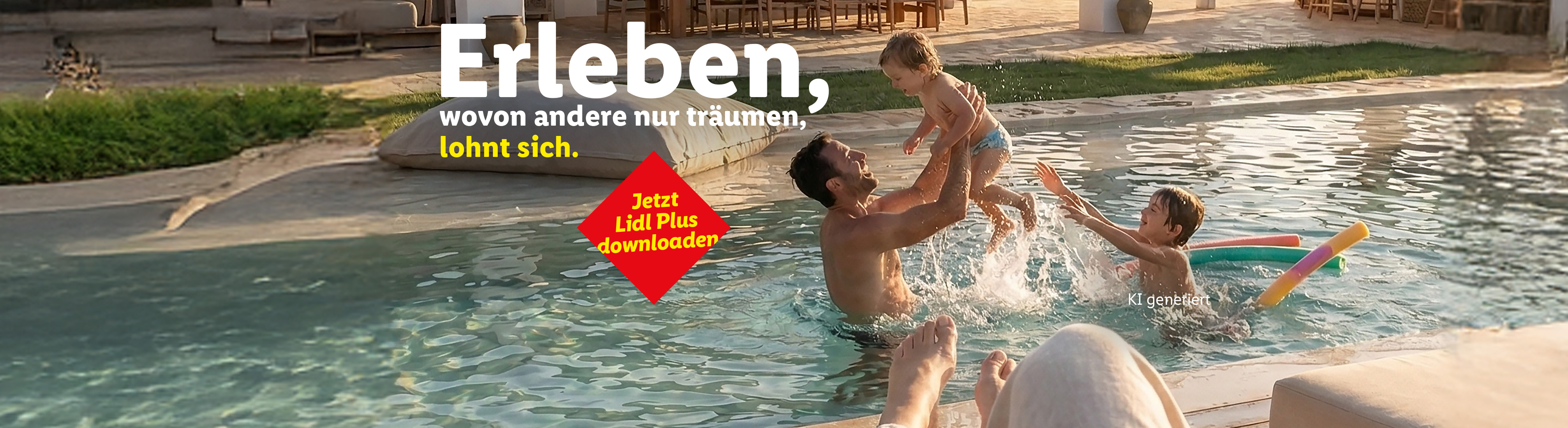 Familie genießt den Pool, mit Text 'Erleben, wovon andere nur träumen, lohnt sich. Jetzt Lidl Plus downloaden'.
