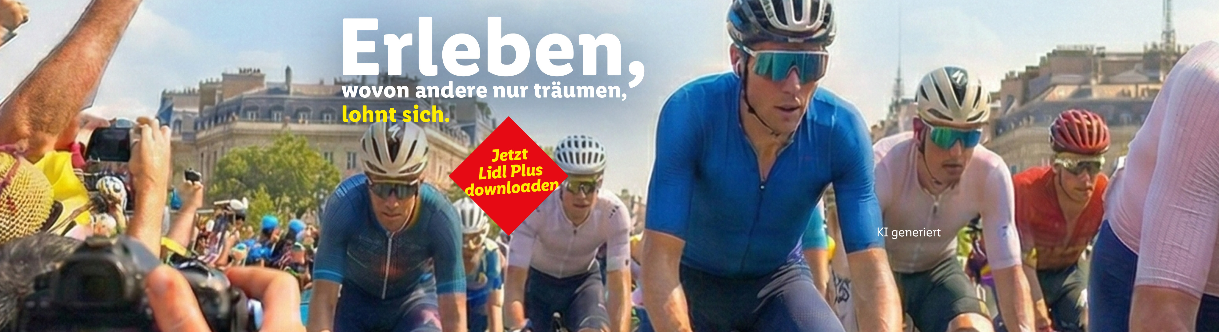 Radfahrer in Aktion mit dem Text 'Erleben, wovon andere nur träumen, lohnt sich. Jetzt Lidl Plus downloaden'.