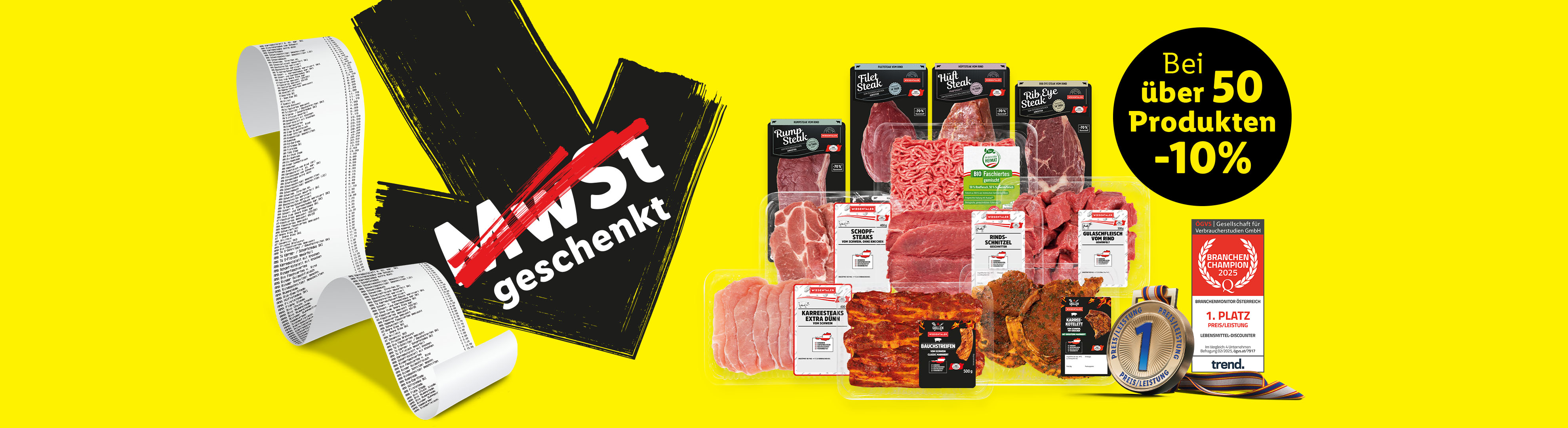 Gelber Hintergrund darauf Produktbühne mit Fleischartikel. Links oben Pfeil mit Text: "MwSt geschenkt" und daneben eine Rechnung. Rechts oben schwarze Bubble mit Text: "Bei über 50 Produkten -10%"