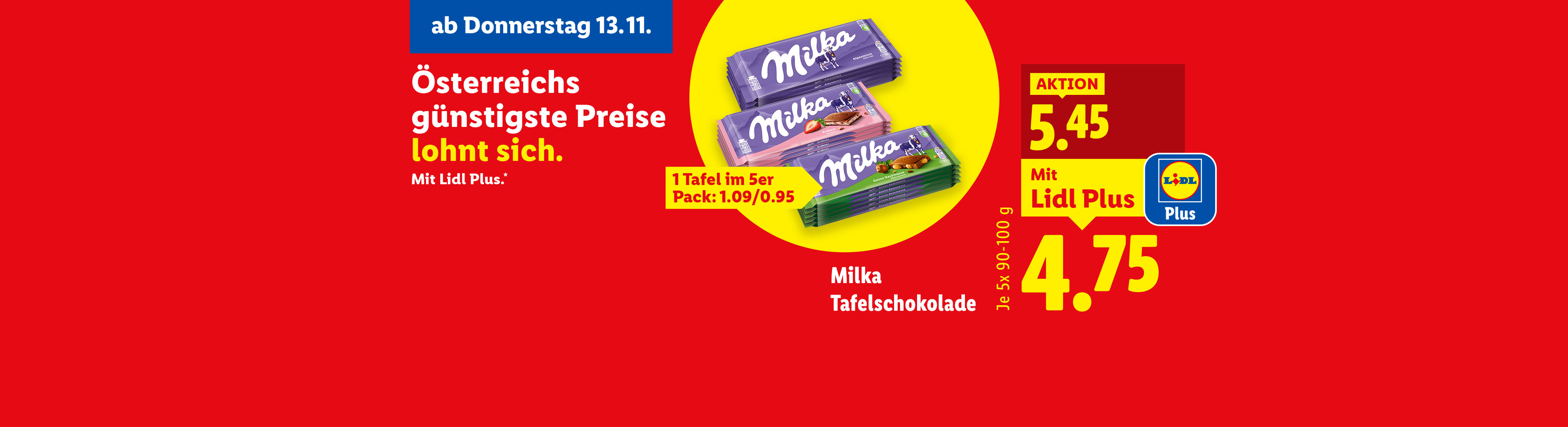 Lidl Plus Aktion: Milka Tafelschokolade im 5er-Pack für 4.75€ statt 5.45€.