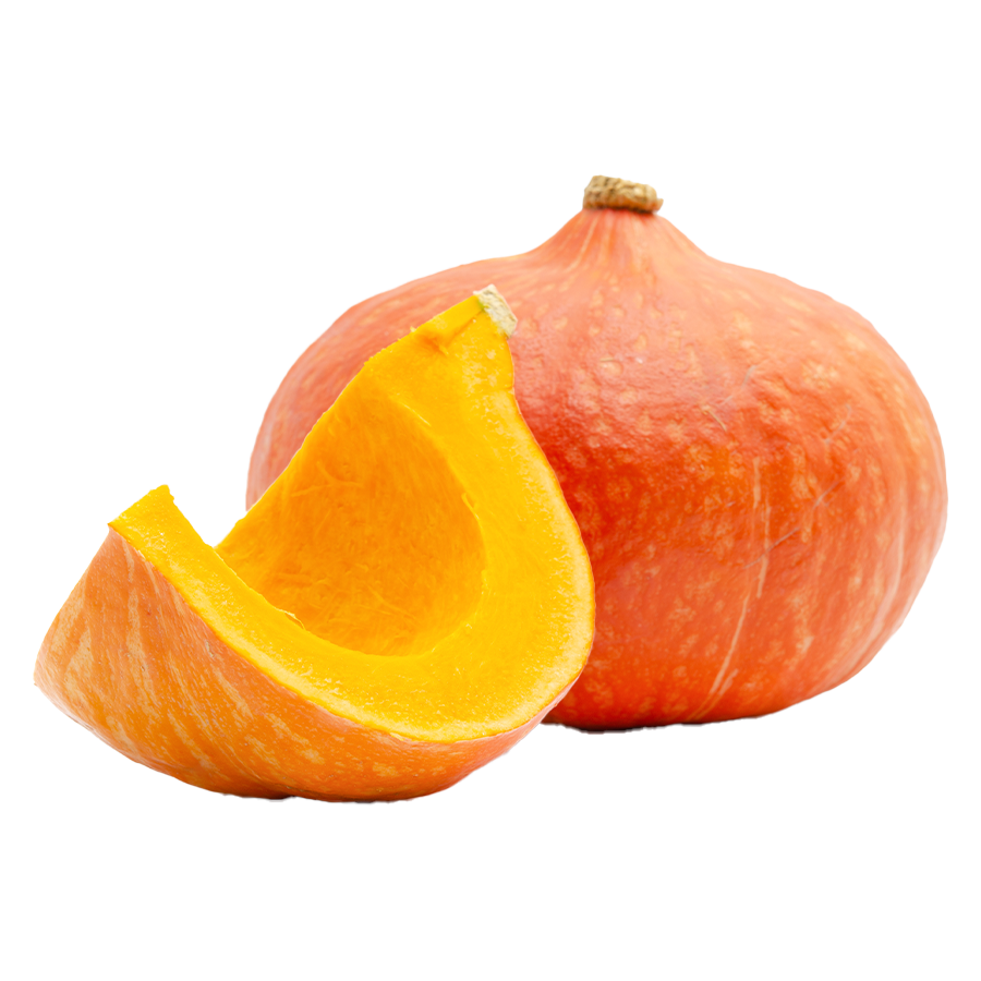 Ein Stück Hokkaido-Kürbis liegt neben einem ganzen Kürbis.