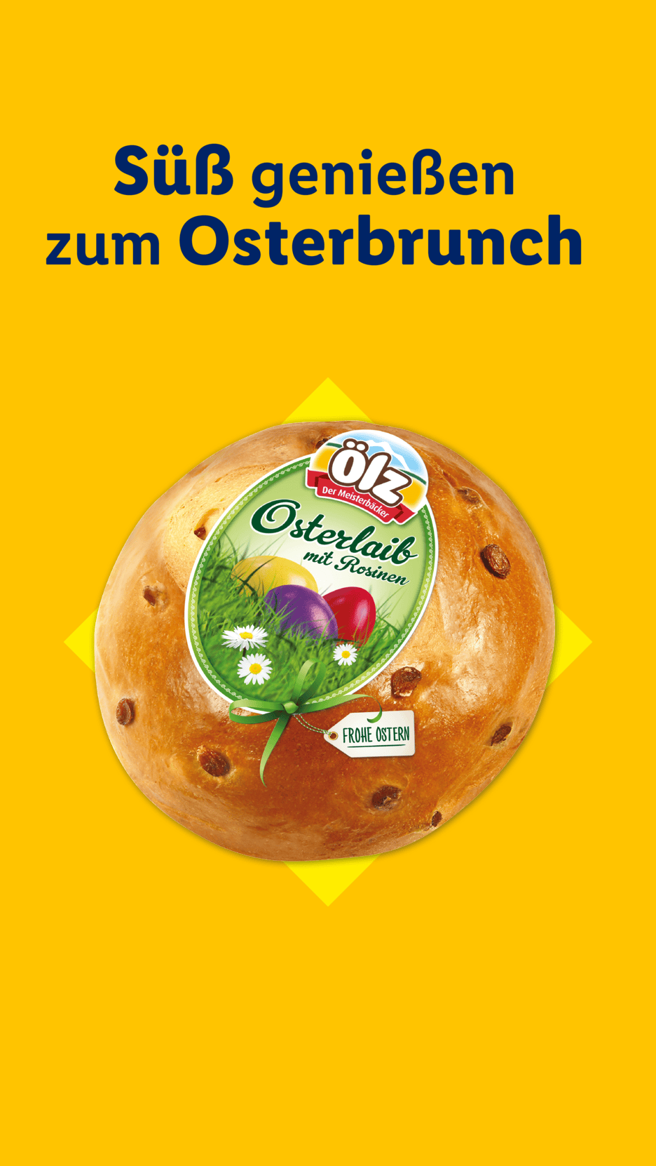 Osterlaib mit Rosinen auf gelbem Hintergrund mit der Aufschrift „Süß genießen zum Osterbrunch“.