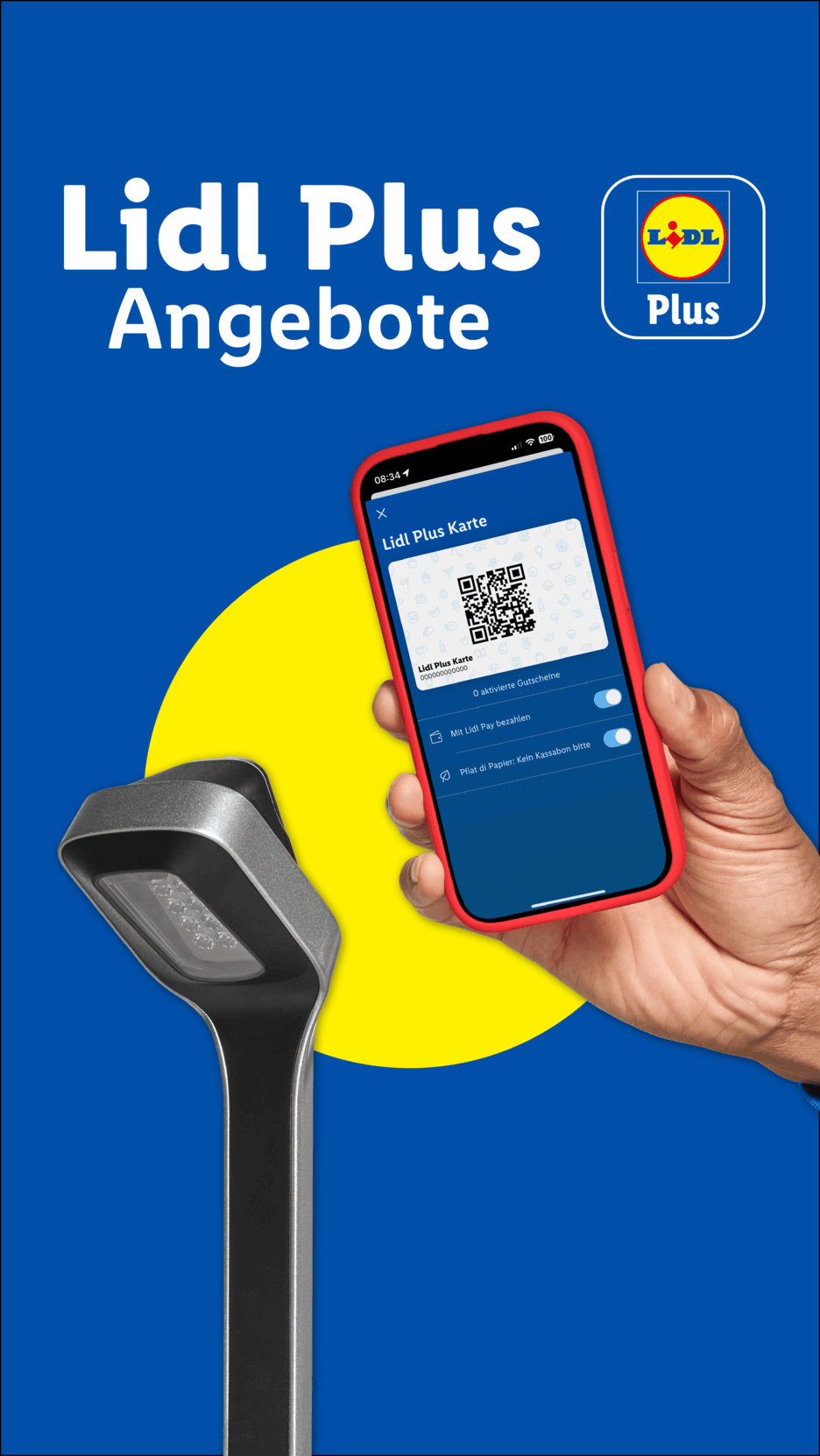 Lidl Plus Angebote: Eine Hand hält ein Smartphone mit der Lidl Plus Karte und QR-Code, bereit zum Scannen.