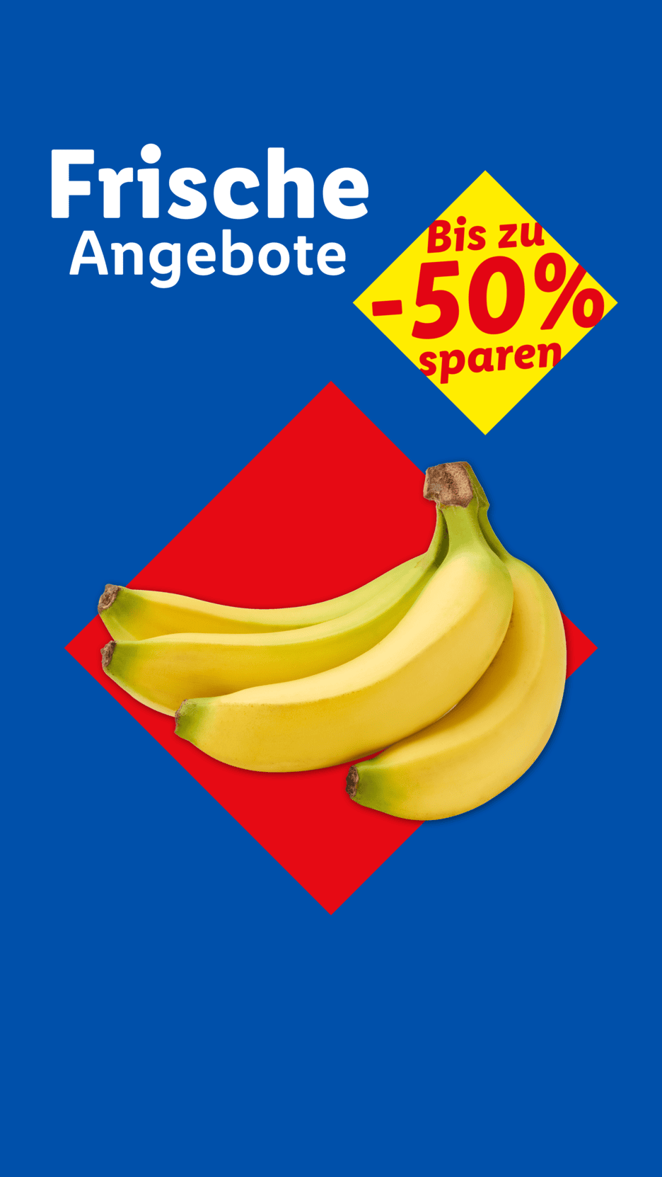 Frische Angebote: Bananen auf rotem Hintergrund, bis zu -50% sparen.