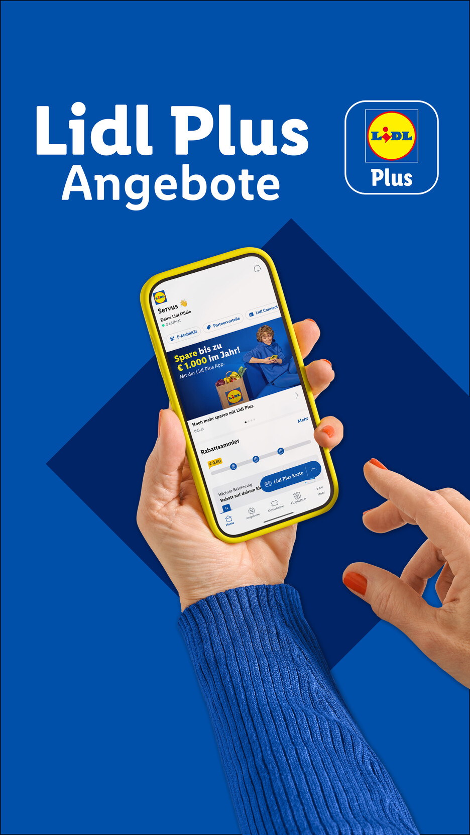 Lidl Plus App auf einem Smartphone, das jährliche Ersparnisse von bis zu 1.000 € anzeigt.