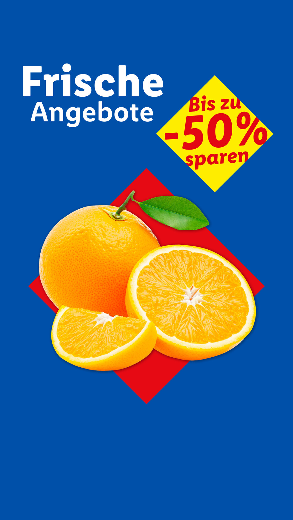 Frische Angebote: Orangen mit bis zu 50% Rabatt auf blauem Hintergrund.
