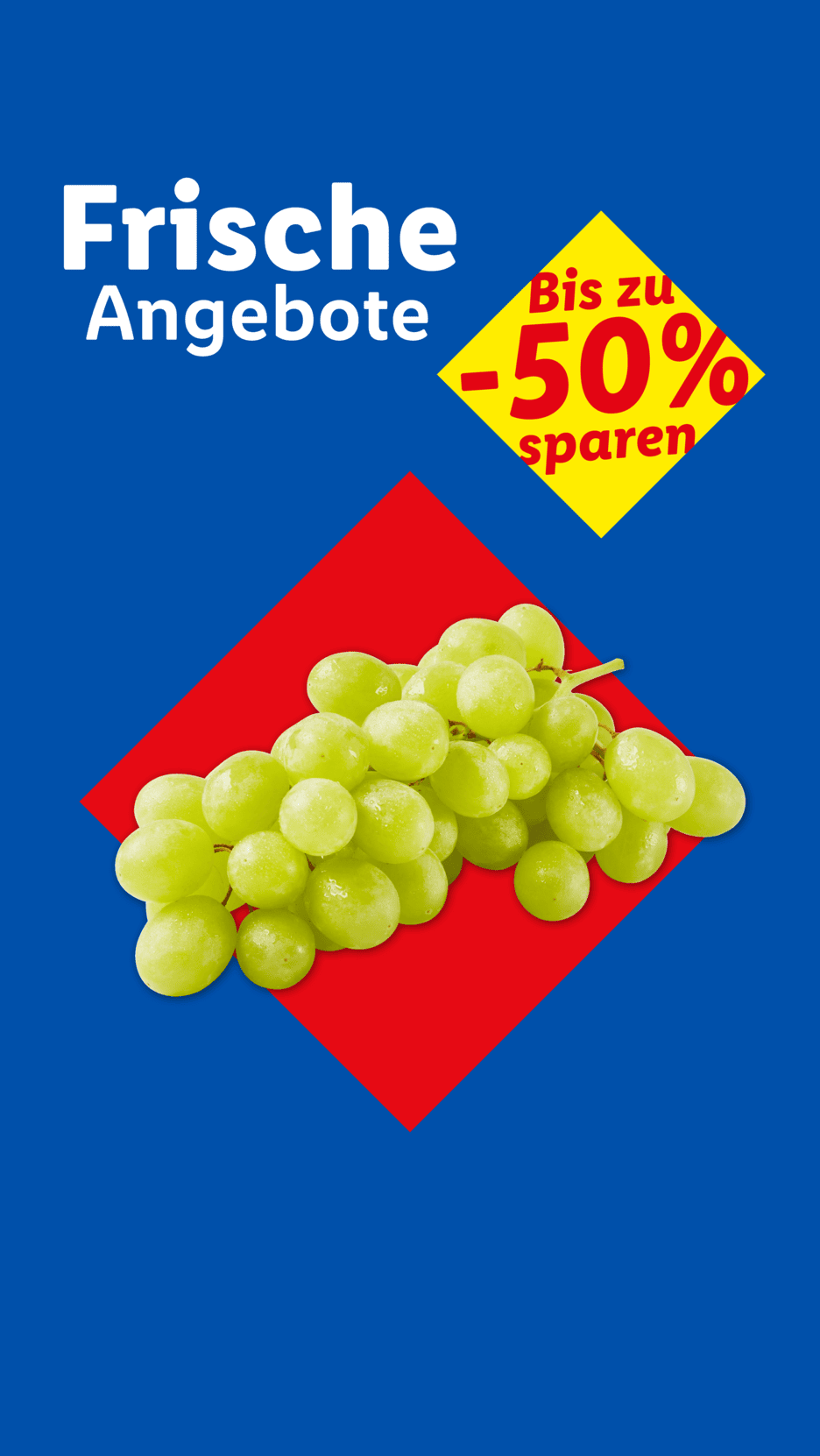 Frische Angebote: Grüne Trauben auf rotem und blauem Hintergrund mit einem Rabatt von bis zu 50%.