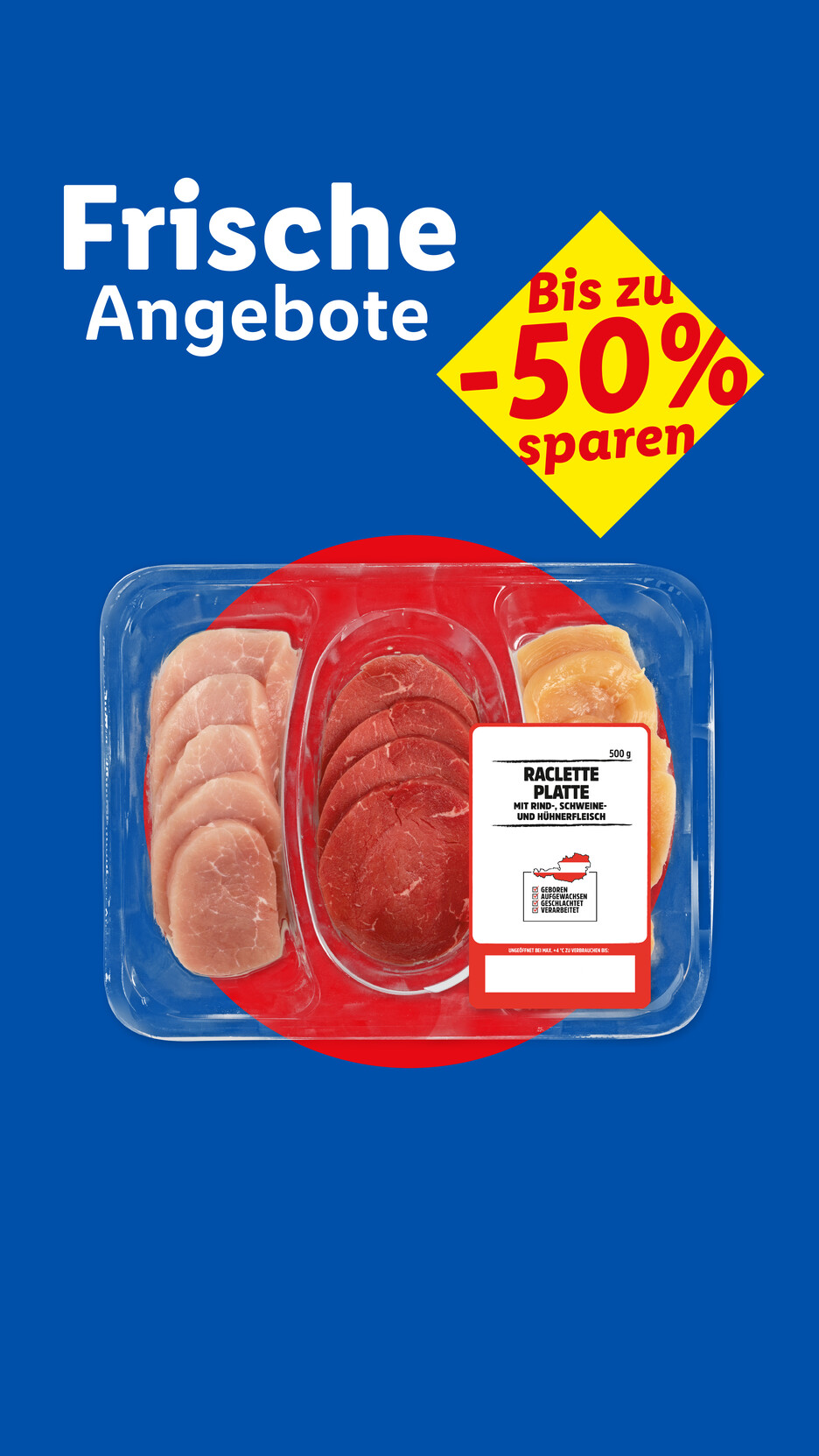 Frische Angebote: Raclette-Platte mit Rind-, Schweine- und Hühnerfleisch, bis zu 50% sparen.