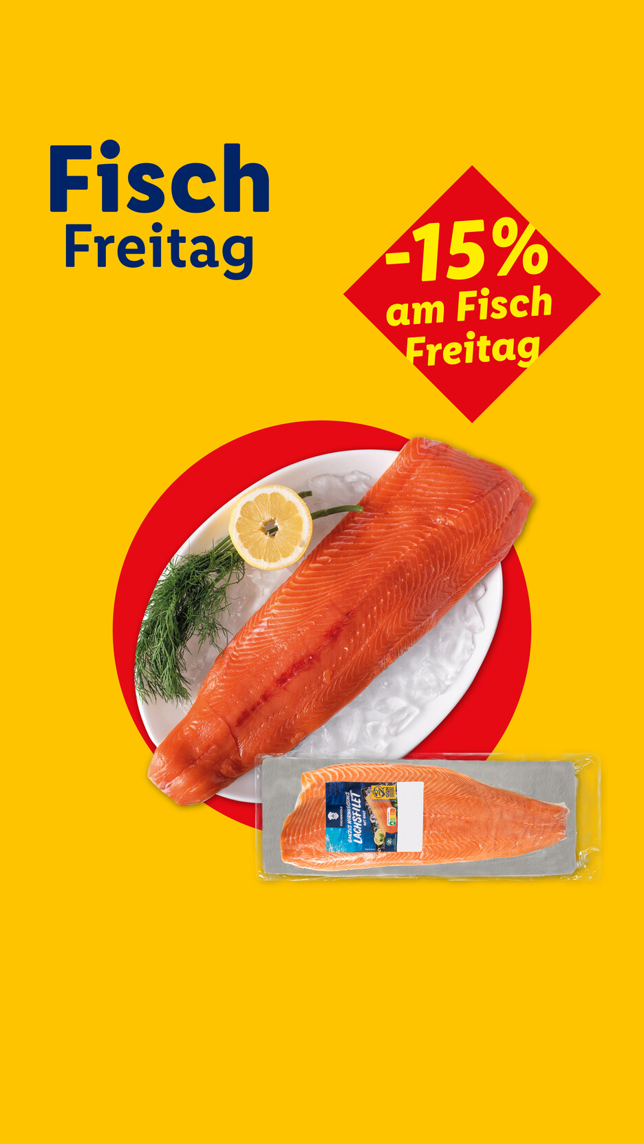 Frisches Lachsfilet auf Eis mit Zitrone und Dill, daneben eine Packung Lachsfilet.