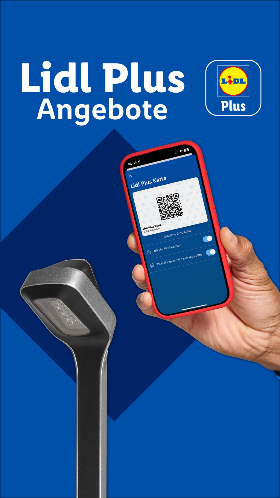 Lidl Plus Angebote: Eine Hand hält ein Smartphone mit der Lidl Plus Karte und QR-Code.