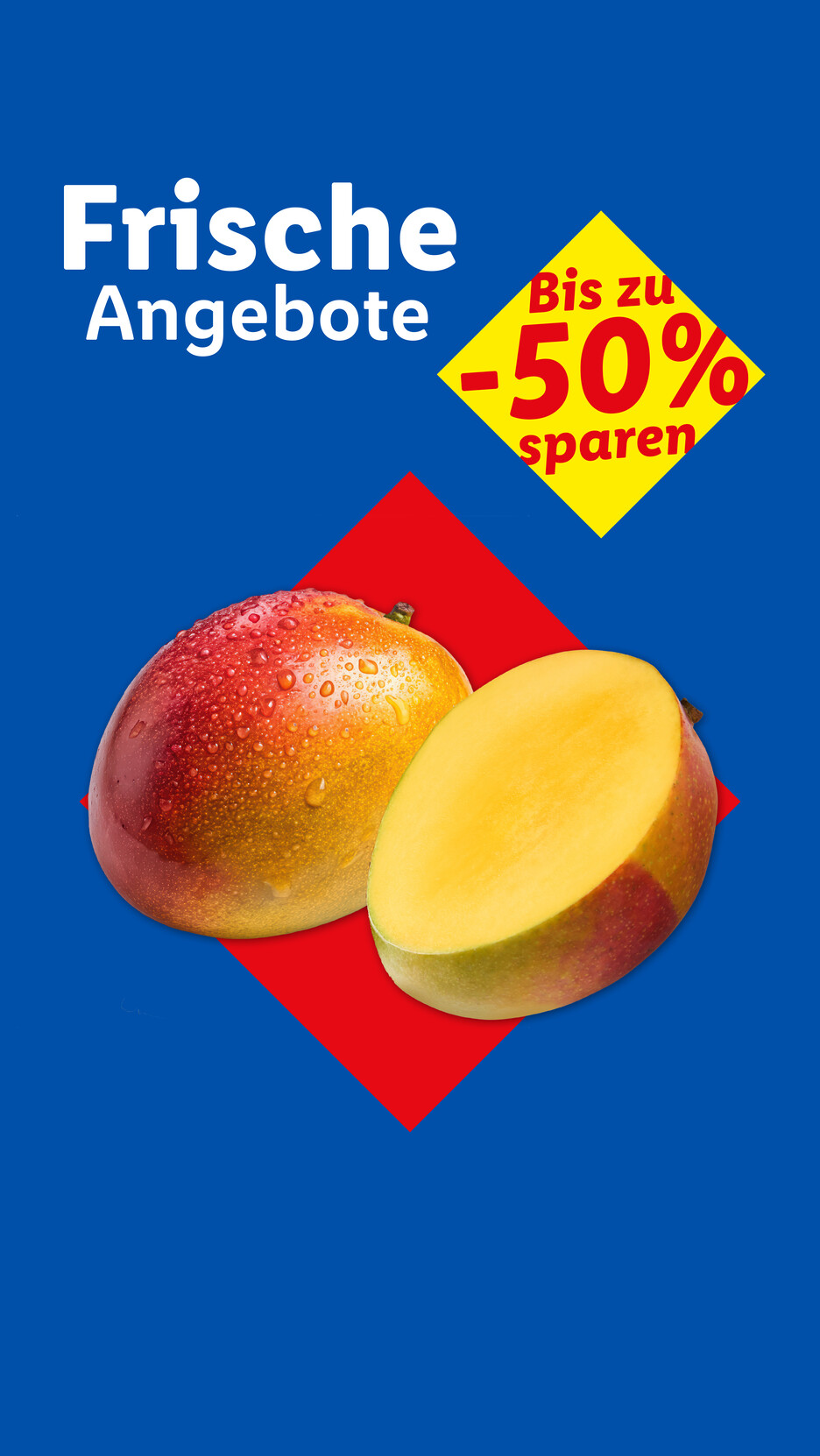 Frische Angebote: Mango mit bis zu -50% Rabatt auf blauem Hintergrund.