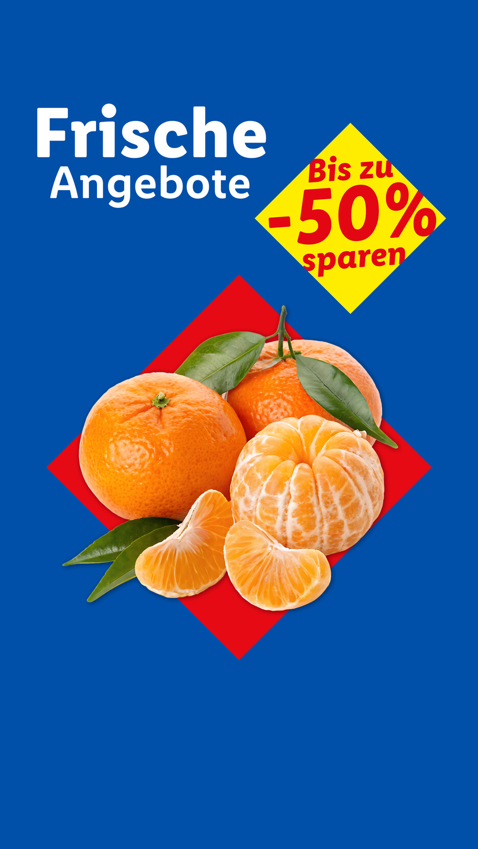 Frische Mandarinen-Angebote mit bis zu 50% Rabatt auf blauem Hintergrund.