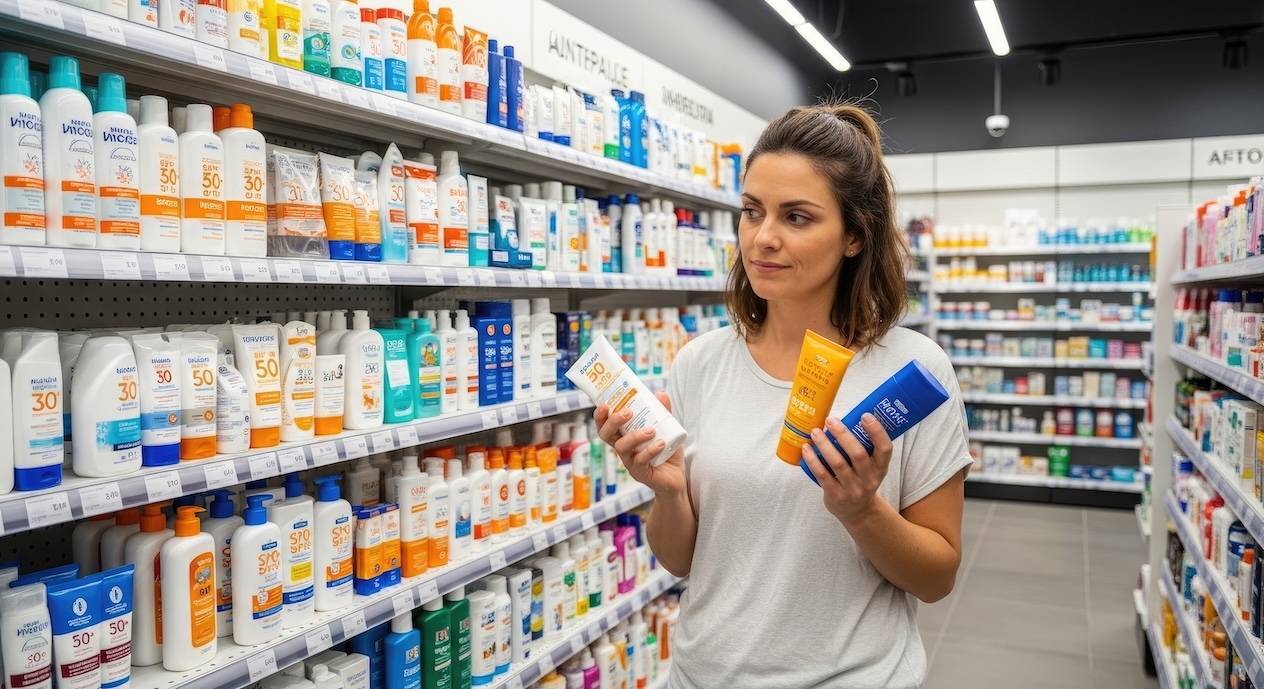 Eine Frau wählt in einem Geschäft zwischen verschiedenen Sonnenschutzmitteln mit LSF 30 und 50.
