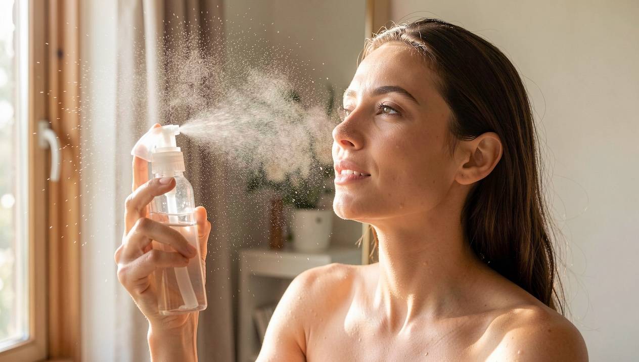 Frau sprüht sich Gesichtsspray auf, mit Wassertröpfchen auf Haut und Haaren.