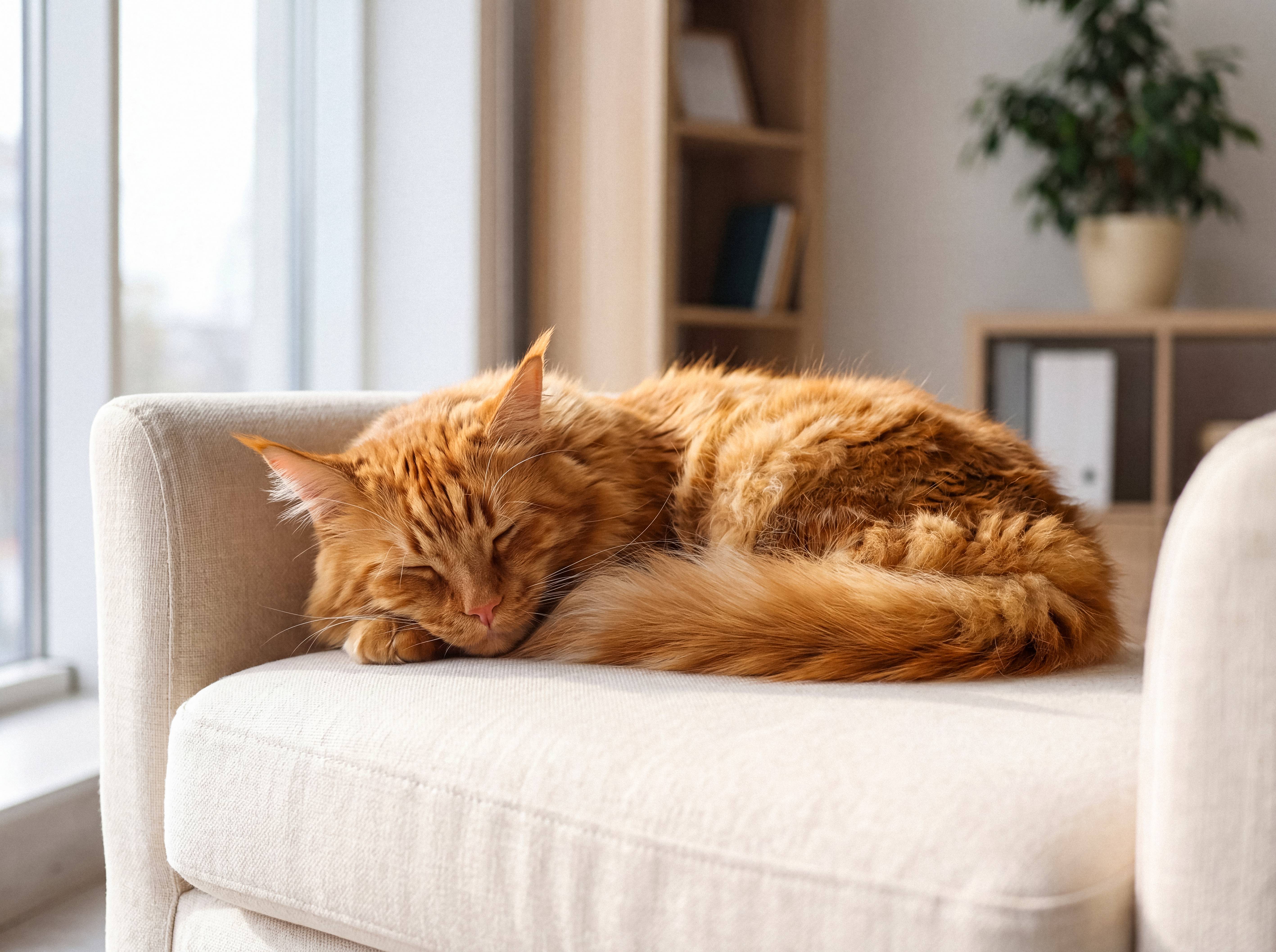 Roter Kater schläft auf einem beigen Sofa im Wohnzimmer.