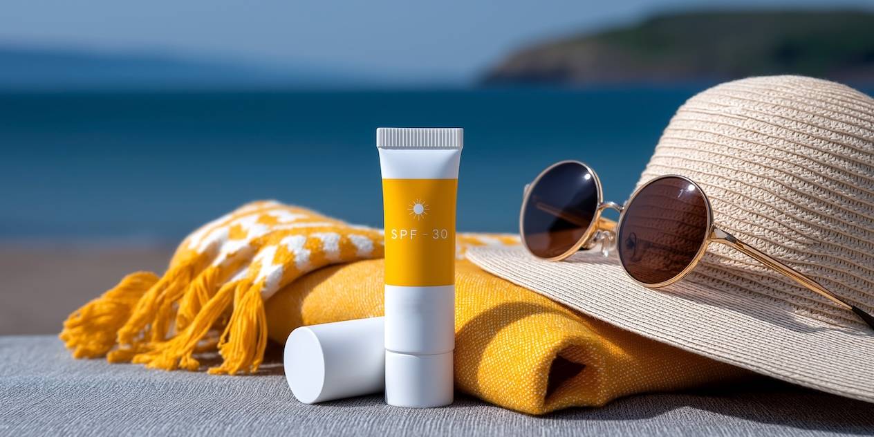 Sonnencreme mit LSF 30, Sonnenbrille und Strohhut am Strand