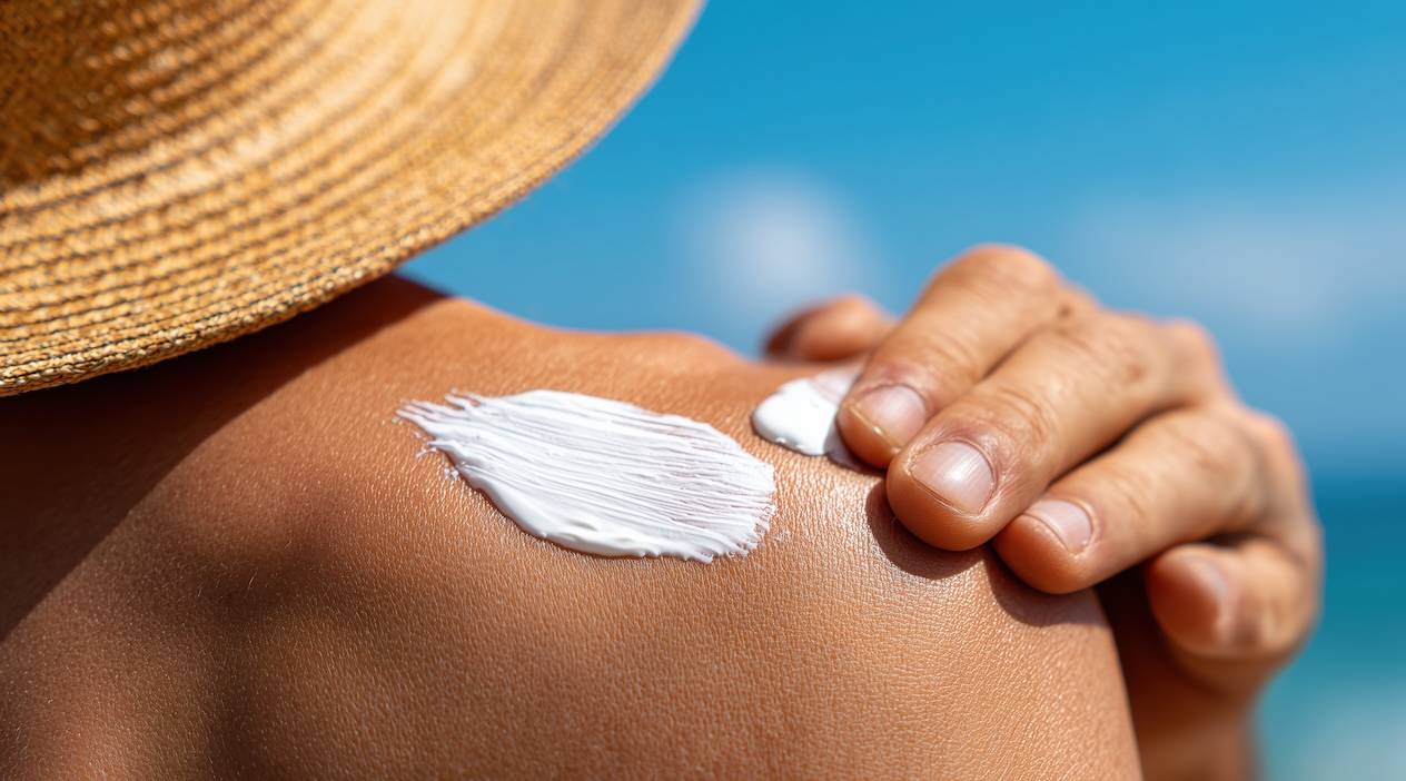 Sonnencreme auf einer Schulter mit Strohhut und blauem Himmel im Hintergrund