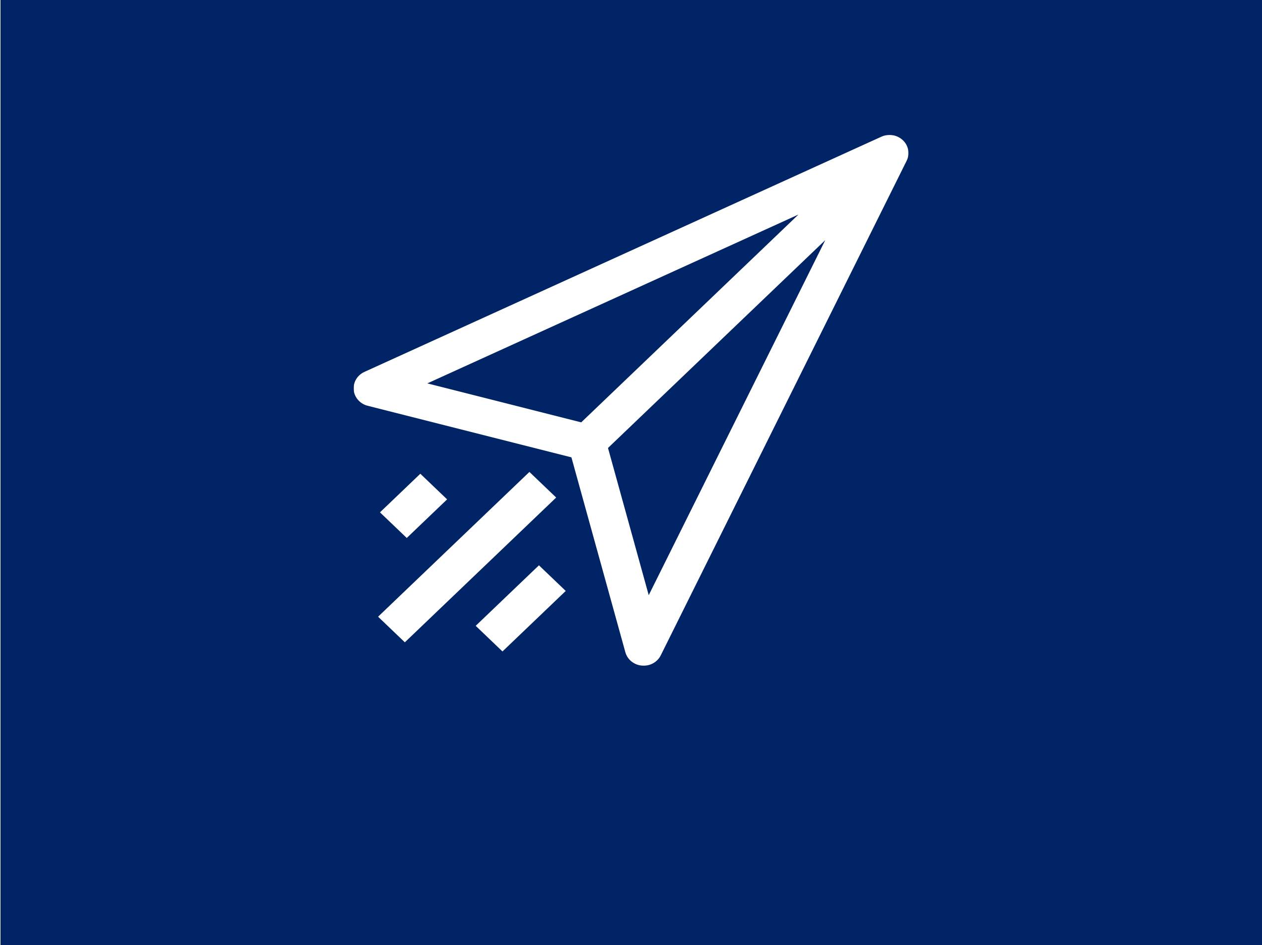Ein weißes Papierflugzeug-Symbol auf dunkelblauem Hintergrund, das Geschwindigkeit und Versand darstellt.