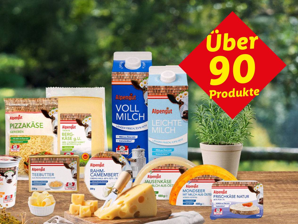 Alpengut Milchprodukte und Käse: Vollmilch, leichte Milch, verschiedene Käsesorten.