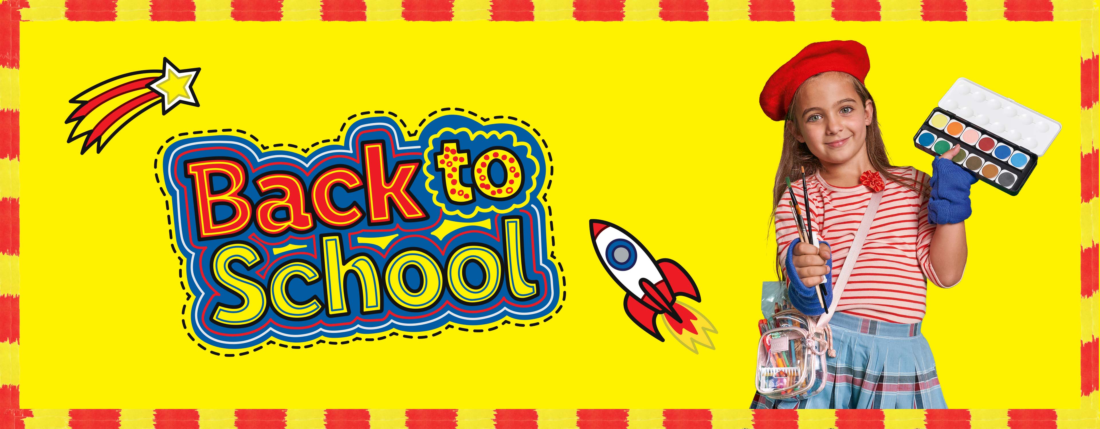 Back to School - Kind mit Wasserfarben in der Hand ist bereit für die Schule.