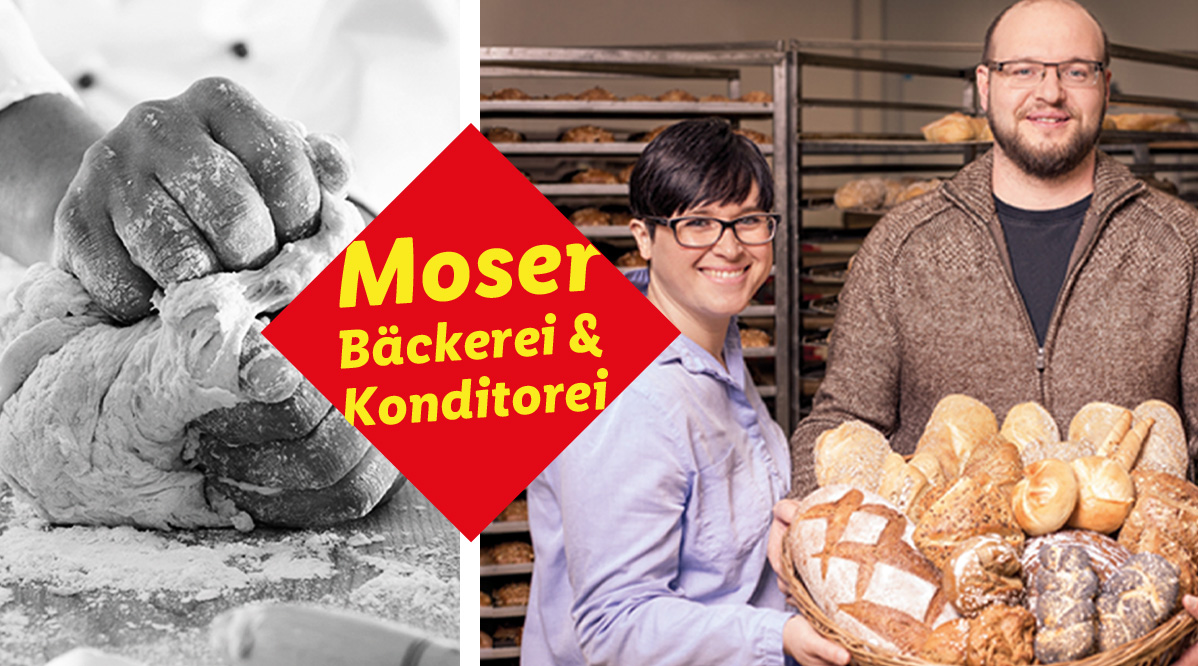 Moser Bäckerei & Konditorei: Bäcker und Konditor präsentieren ihr frisch gebackenes Brot und Gebäck.