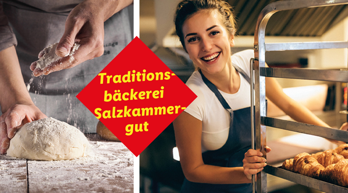 Traditionelle Salzkammer-Bäckerei: Ein Bäcker bereitet Teig zu, während eine Bäckerin frische Croissants präsentiert.