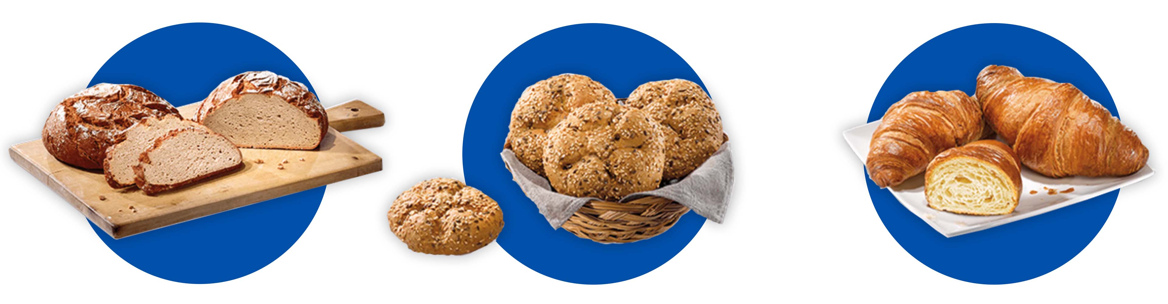 Drei Arten von Backwaren: Brot, Brötchen und Croissants.