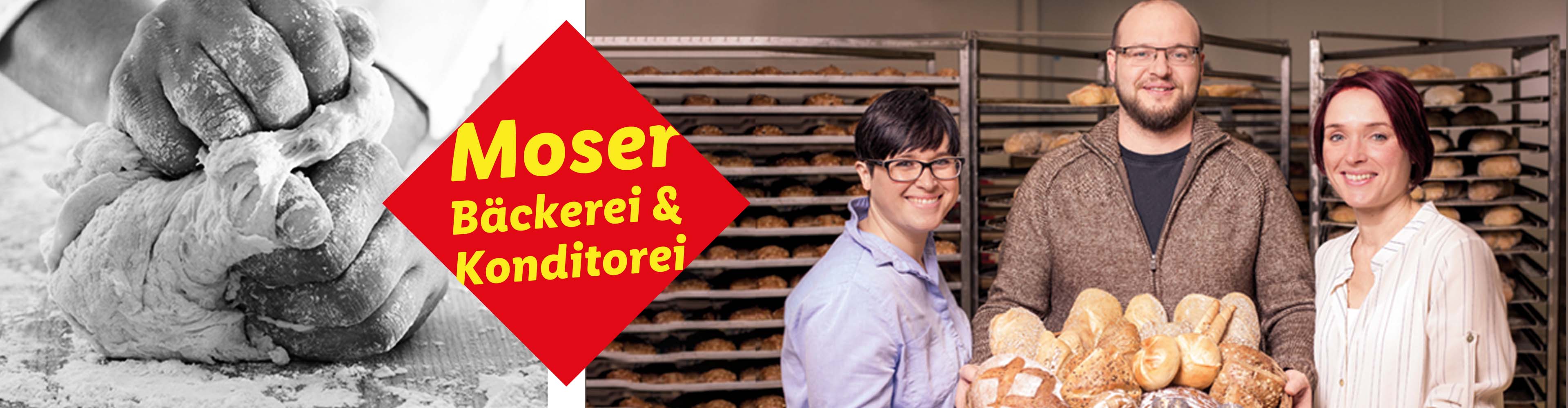 Moser Bäckerei & Konditorei: Bäcker und Konditor präsentieren ihr frisch gebackenes Brot und Gebäck.