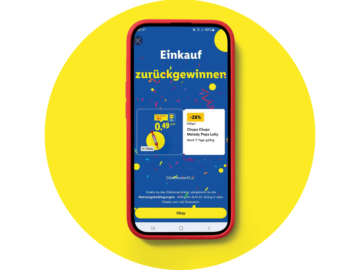 Lidl Plus App mit Gewinnspiel zum Einkauf zurückgewinnen und Chupa Chups Melody Pops Lolly Angebot.