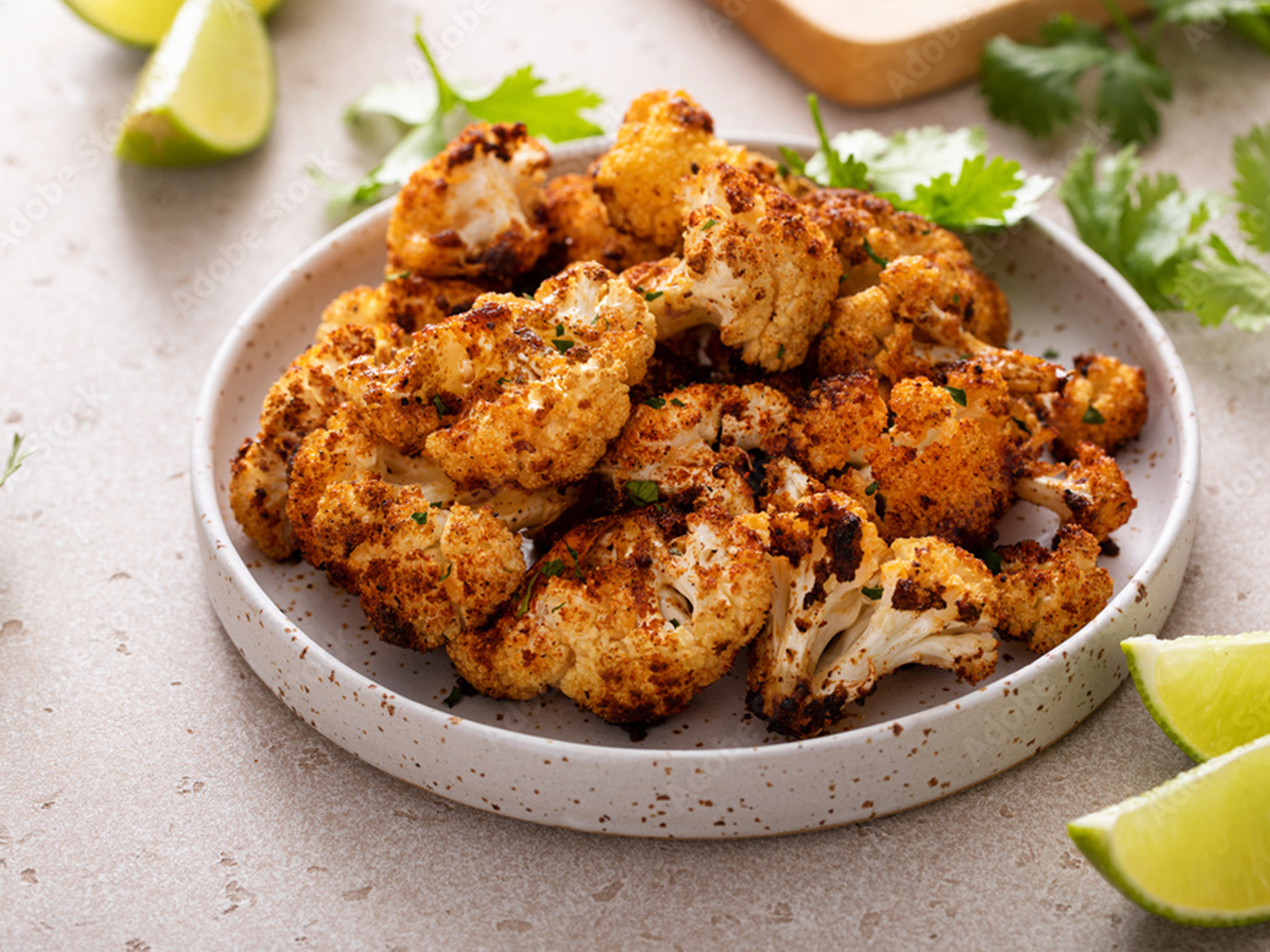 Gerösteter Blumenkohl mit Limettenspalten und Koriander auf einem Teller.