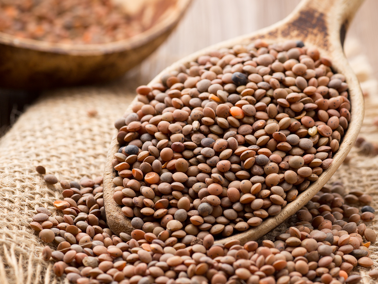 Braune Linsen in einem Holzlöffel und auf einem Jutesack