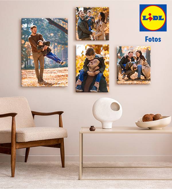 LIDL Fotos: Vier Leinwandbilder zeigen Familienfotos in herbstlicher Umgebung.