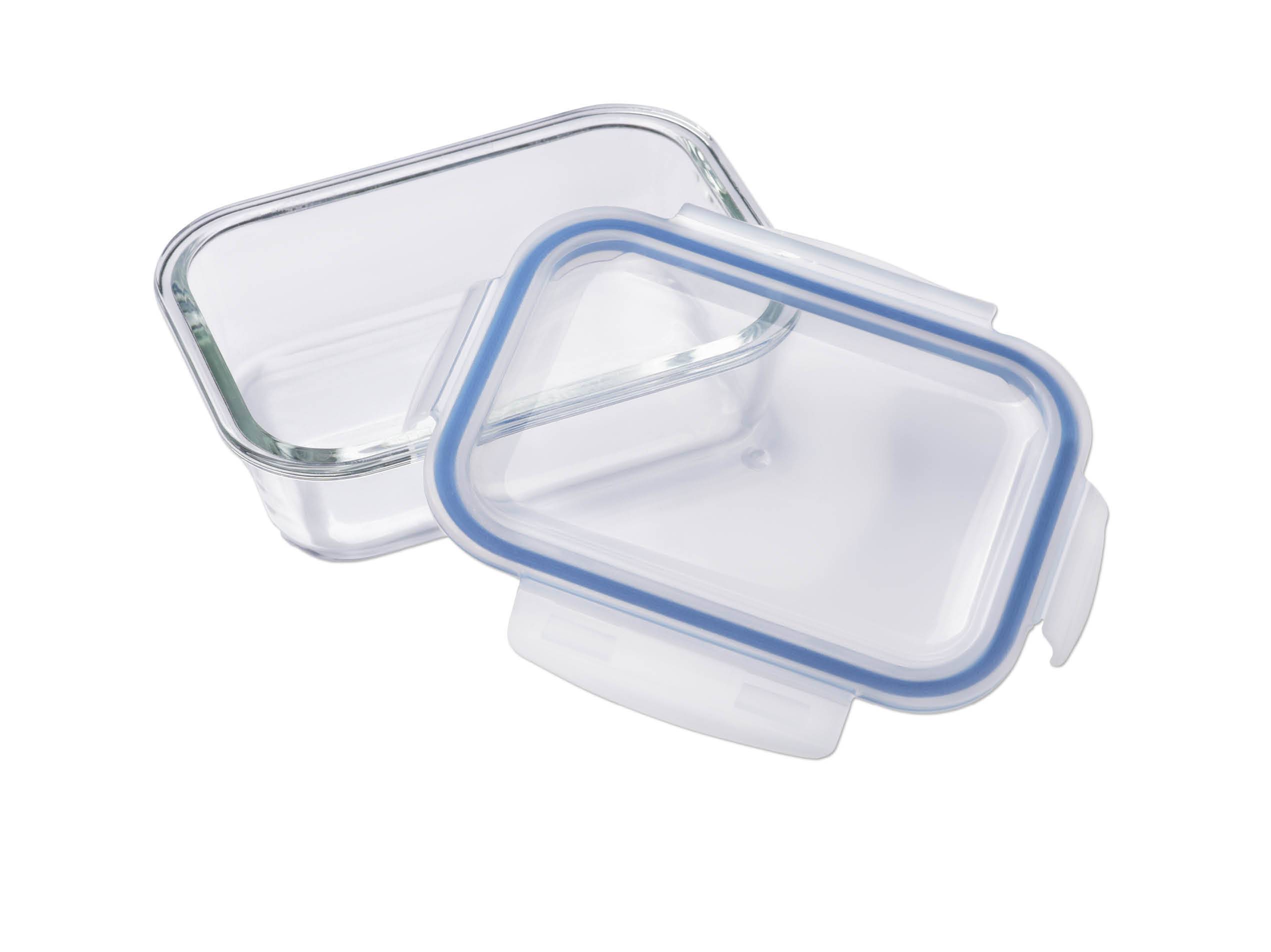 Eine Glas-Aufbewahrungsdose mit blauem Plastikdeckel.