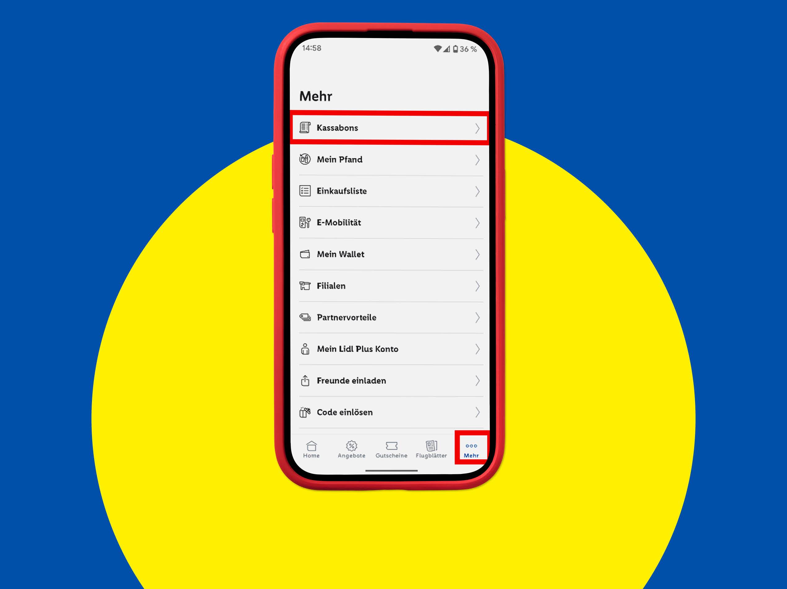 Ein Smartphone zeigt die Lidl-App mit der Option „Kassabons“ und einem „Mehr“-Tab.