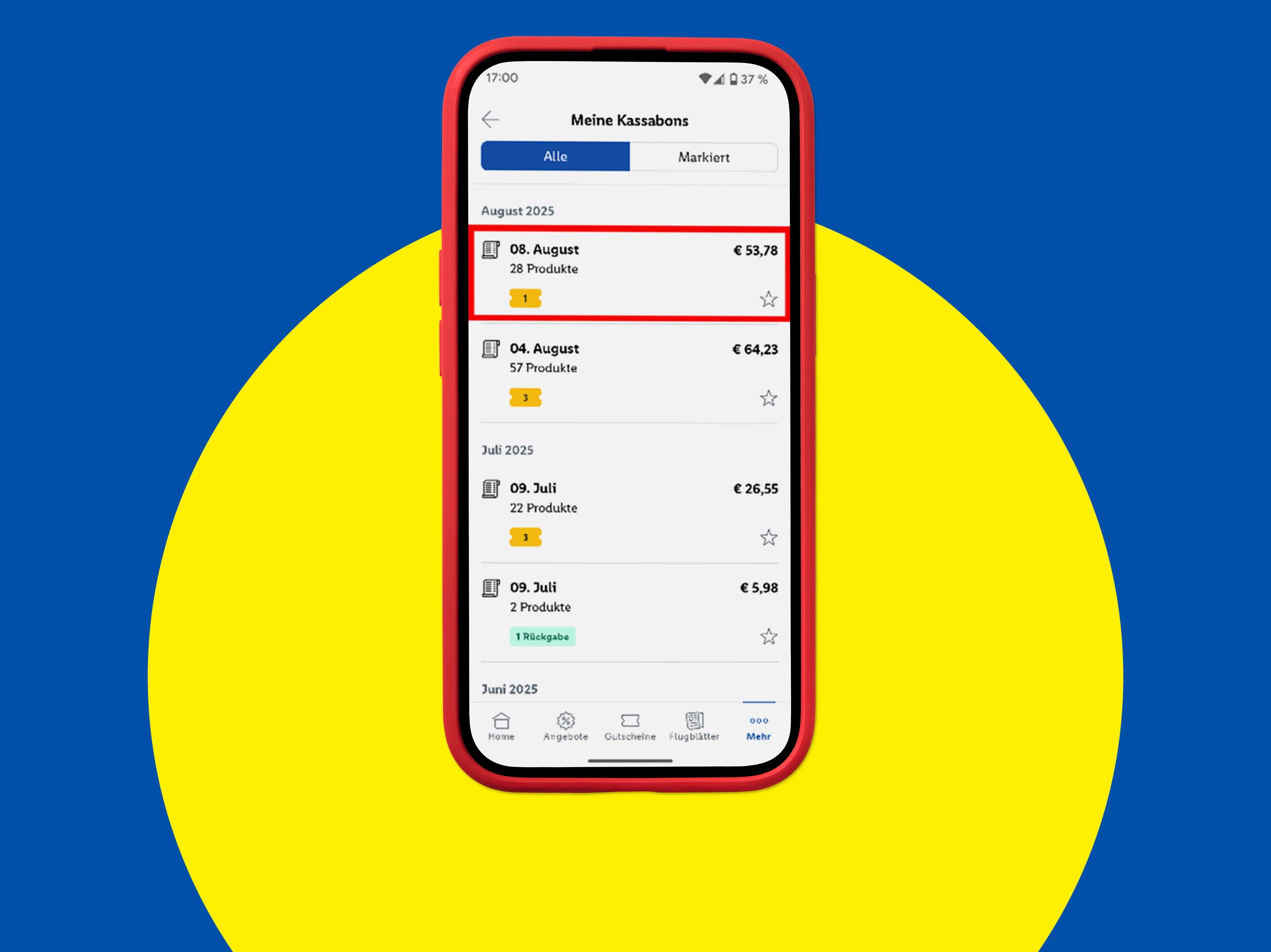 Eine mobile App, die Kassenzettel mit Datum, Anzahl der Produkte und Gesamtpreis anzeigt.