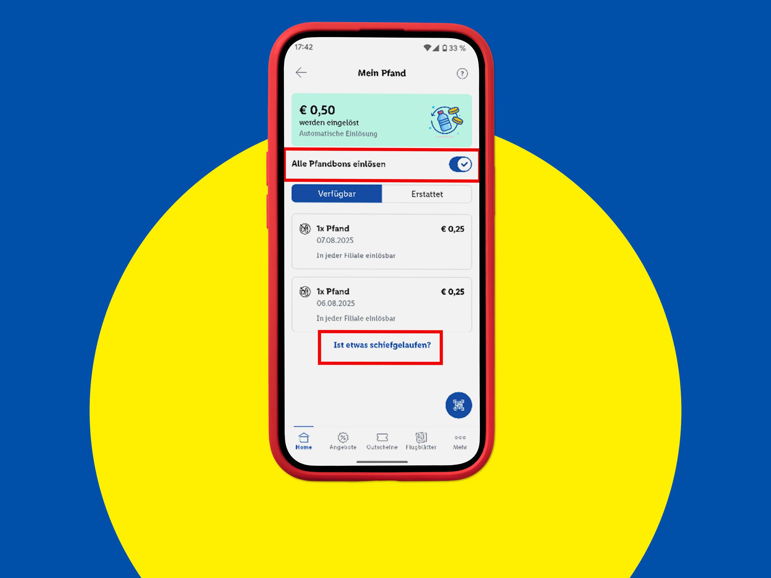 Eine mobile App-Oberfläche für Pfandbons, die verfügbare und eingelöste Bons anzeigt.